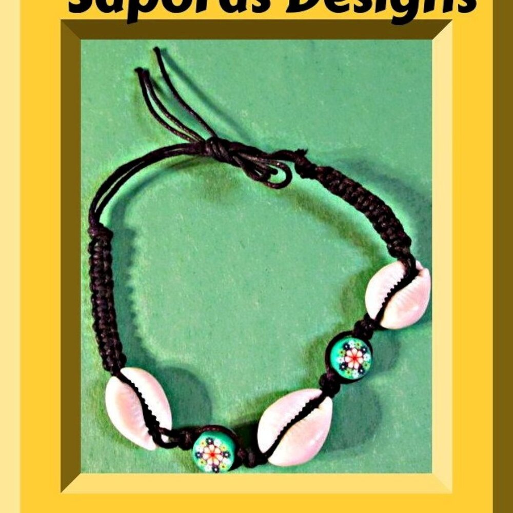Handmade Black Braided Anklet With Real Sea Shells & Flower Beads Hawaii Style